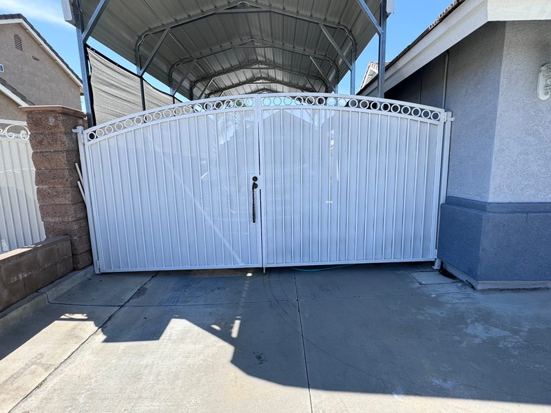 White Ornamental Iron Double Swing Gate ,  24/7 Garage Door and Gate Services, Inland Empire CA